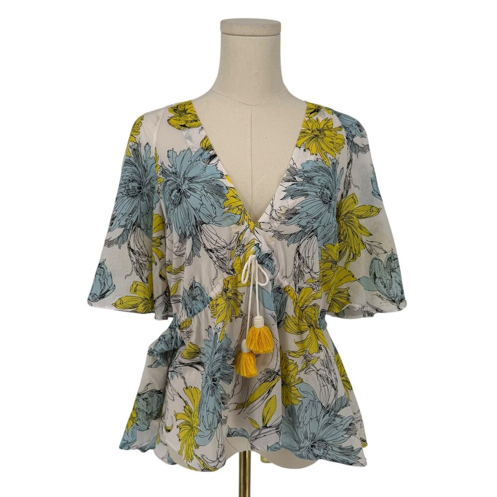 Alexis Blue Yellow Floral Print Kimono Cotton Summer Top S Flowy Fairy Butterfly